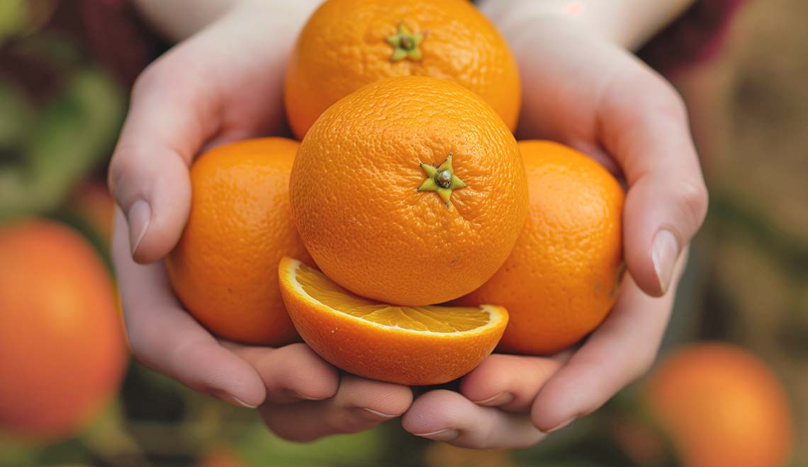 Zwei Hände halten mehrere Orangen sowie eine halbe Orange. Das Bild ist eine Metapher für eine mögliche Konfliktlösung. Manchmal benötigt man gar nicht die ganze Orange oder vielleicht nur den Saft oder nur die Schale.